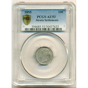 Straits Settlements -Malaysia- Victoria 1895 Silver 10 Cents AU53 PCGS